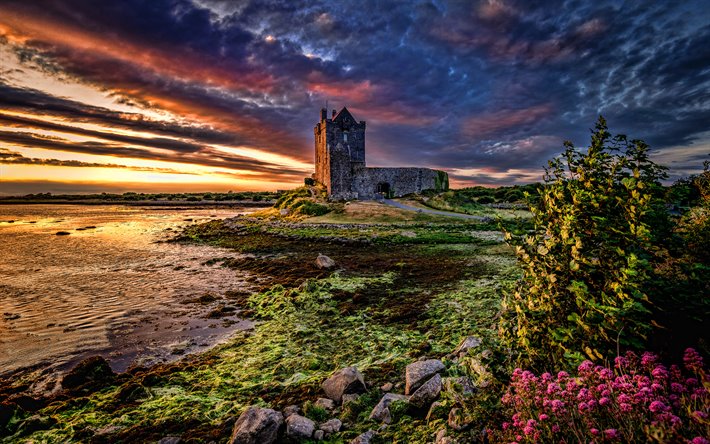 Dunguaire城, 4k, 夕日, HDR, ベイエリアを表示一部のエリアを表示, アイルランド, イギリス, アイルランドのランドマーク, 欧州