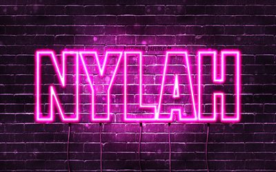 Nylah, 4k, 壁紙名, 女性の名前, Nylah名, 紫色のネオン, テキストの水平, 写真Nylah名