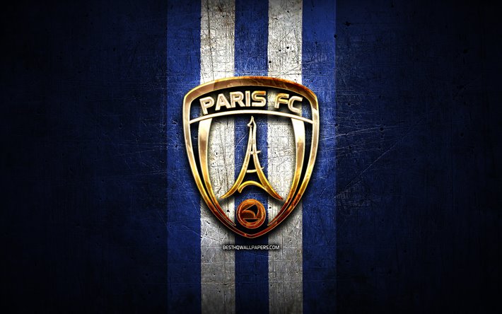Paris FC, logo dorato, Ligue 2, blu metallo, sfondo, calcio, FC Parigi, francese football club, l&#39;FC Paris logo, Francia