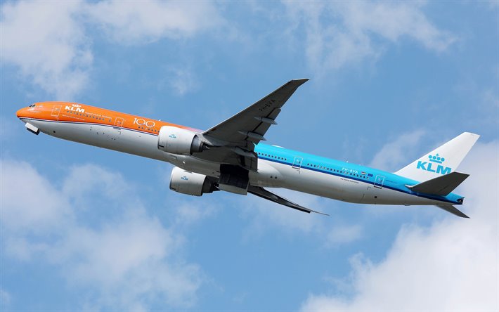 Boeing 777-300ER, passenger plane, KLM Orange Livery, KLM, Boeing 777, air travel, airplane in the sky, passenger airliner, Boeing