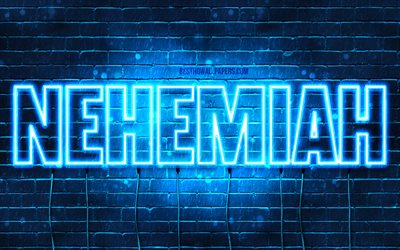Nehemiah, 4k, wallpapers with names, horizontal text, Nehemiah name, blue neon lights, picture with Nehemiah name