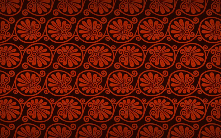 arancione motivo floreale, 4k, floreale greco ornamenti, sfondo floreale con ornamenti floreali, texture, pattern floreali, orange floral background, greco ornamenti
