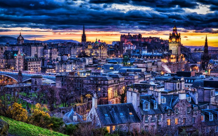 ادنبره في المساء, HDR, مناظر المدينة, المدن الاسكتلندية, إدنبرة, اسكتلندا, بريطانيا العظمى