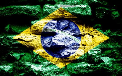 Brazil flag, grunge brick texture, Flag of Brazil, flag on brick wall, Brazil, Europe, flags of South American countries