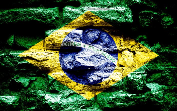 Bandeira do brasil, grunge textura de tijolos, Bandeira do Brasil, bandeira na parede de tijolos, Brasil, Europa, bandeiras de pa&#237;ses da Am&#233;rica do Sul
