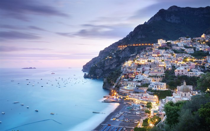 Positano, Salerno, sera, mar Mediterraneo, costa, Italia, bella citt&#224; italiana, paesaggio marino, paesaggio di montagna
