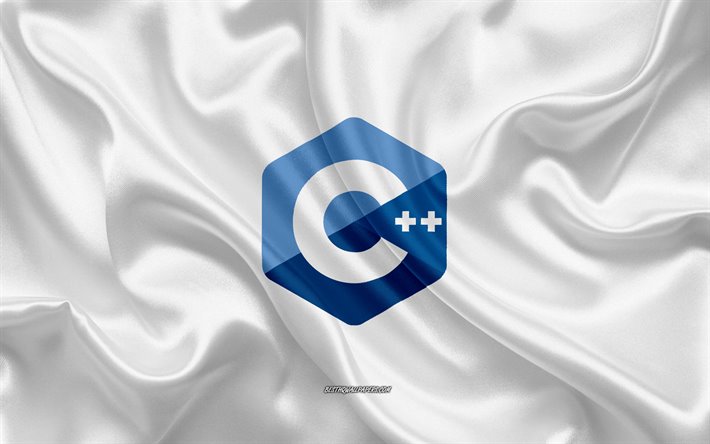 C++ logo, white silk texture, C++ emblem, programming language, C++, silk background