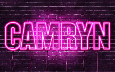 Camryn, 4k, wallpapers with names, female names, Camryn name, purple neon lights, horizontal text, picture with Camryn name