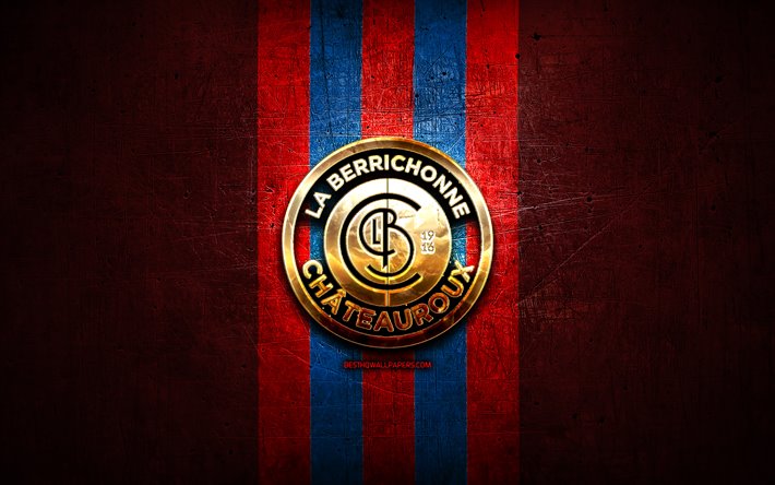 Berrichonne Chateauroux FC, golden logo, Ligue 2, red metal background, football, LB Chateauroux, french football club, Berrichonne Chateauroux logo, soccer, France