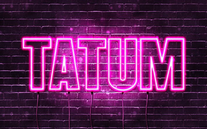 Tatum, 4k, taustakuvia nimet, naisten nimi&#228;, Tatum nimi, violetti neon valot, vaakasuuntainen teksti, kuva Tatum nimi