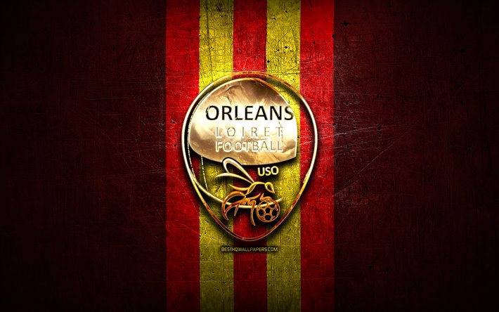 orleans fc, golden logo, ligue 2, red metal hintergrund, fu&#223;ball, us orleans, french football club, orleans logo, fussball, frankreich