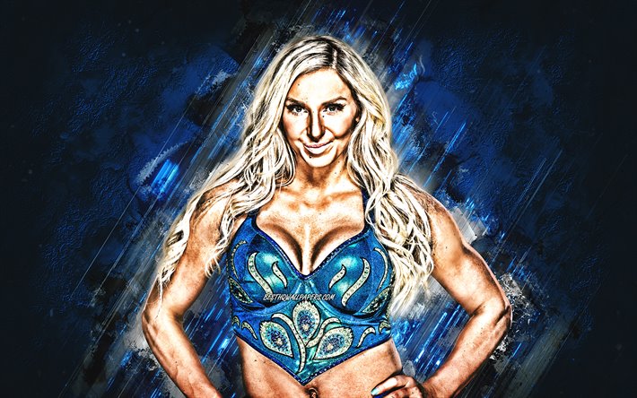Charlotte Flair, american wrestler, WWE, Ashley Elizabeth Fliehr, portrait, blue stone background, USA, World Wrestling Entertainment