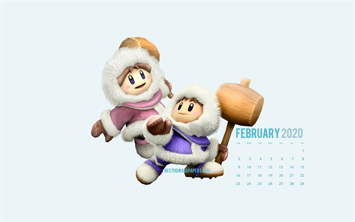 4k, febrero de 2020 Calendario, m&#237;nimo, personajes de dibujos animados, 2020 calendario, febrero de 2020, creativo, paisaje de invierno, de febrero de 2020 calendario con personajes de dibujos animados, el Calendario de febrero de 2020, fondo azul, c