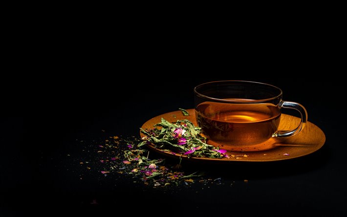 flower tea, black background, cup of tea, herbal tea, tea concepts