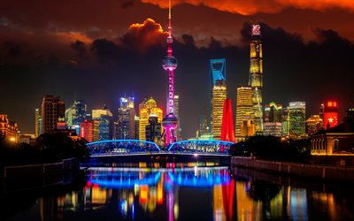 Xangai, Oriental Pearl Tower, Jin Mao Tower, Torre De Shanghai, noite, arranha-c&#233;us, edif&#237;cios modernos, Cidade, xangai, China