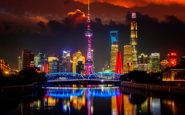 Şangay, Oriental Pearl Tower, Jin Mao Kulesi, Şangay Kulesi, gece, g&#246;kdelenler, modern binalar, şehir Shanghai, &#199;in