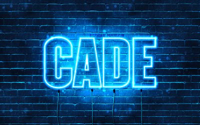 Cade, 4k, pap&#233;is de parede com os nomes de, texto horizontal, Cade o nome, luzes de neon azuis, imagem com o Cade nome