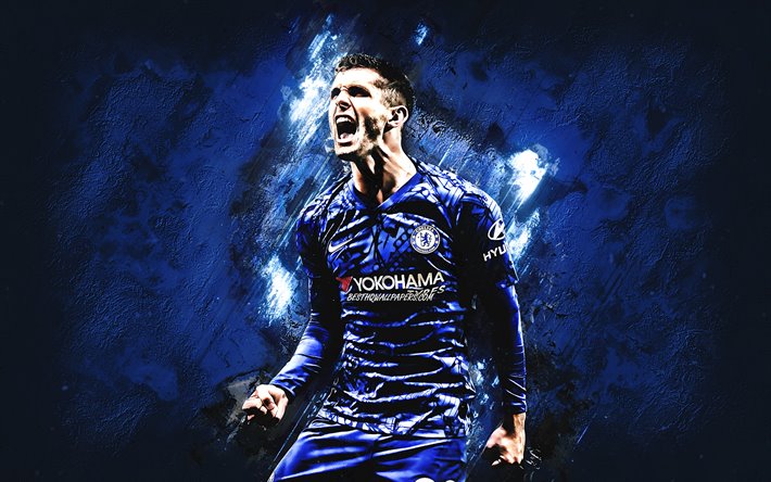 Christian Pulisic, Chelsea FC, american football player, portrait, blue stone background, Premier League, England, football, Pulisic Chelsea