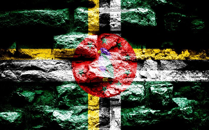 Dominica flag, grunge brick texture, Flag of Dominica, flag on brick wall, Dominica, Europe, flags of North America countries