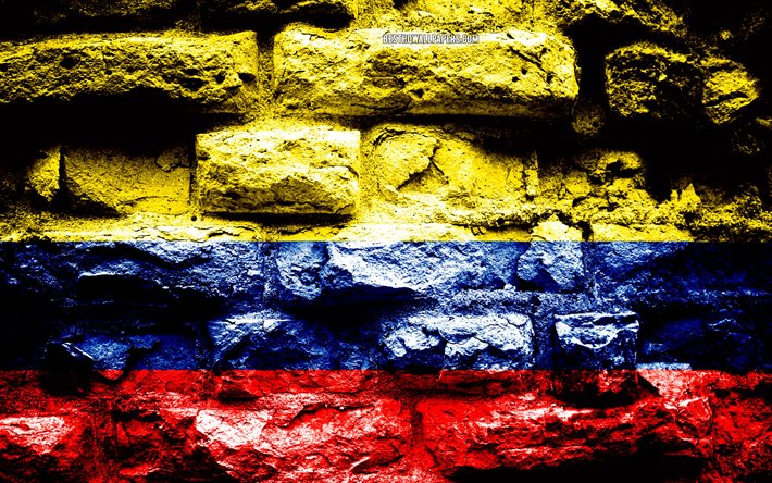 Colombia flag, grunge brick texture, Flag of Colombia, flag on brick wall, Colombia, Europe, flags of South American countries
