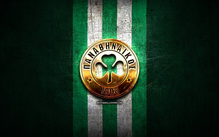 Panathinaikos FC, golden logo, Super League Greece, green metal background, football, Panathinaikos, greek football club, Panathinaikos logo, soccer, Greece