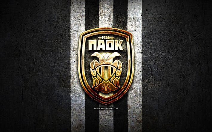 PAOK FC, logo dor&#233;, la Super Ligue Gr&#232;ce, noir m&#233;tal, fond, football, PAOK, grec, club de football, PAOK logo, Gr&#232;ce