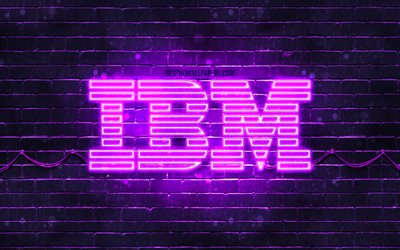IBM violett logotyp, 4k, violett brickwall, IBM-logotypen, varum&#228;rken, IBM neon logotyp, IBM