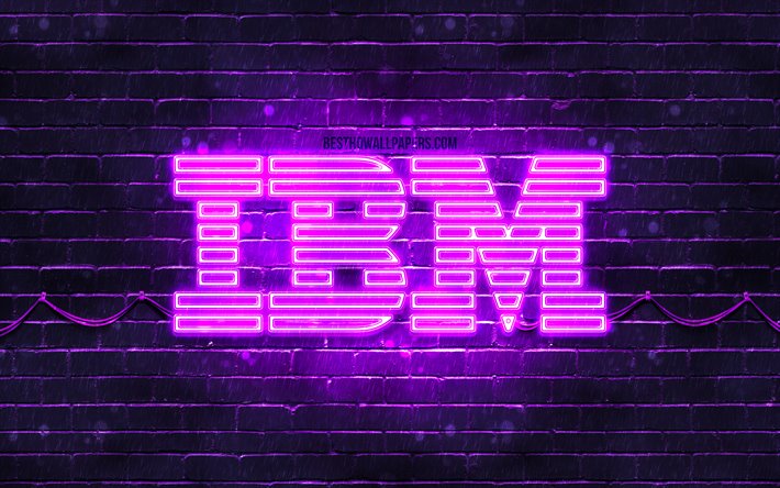 IBM violet logo, 4k, violet brickwall, IBM logo, brands, IBM neon logo, IBM