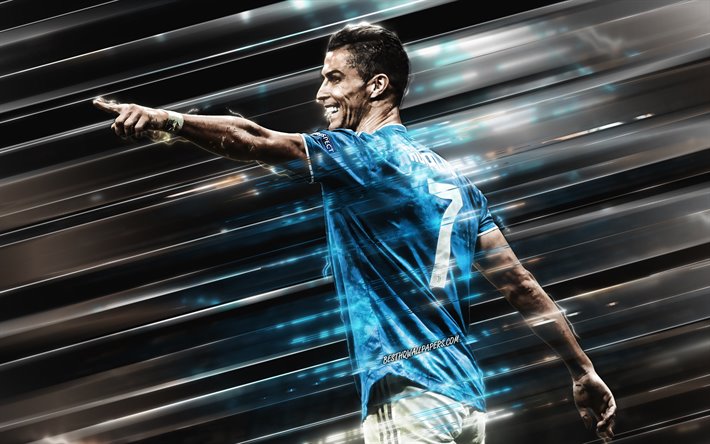Cristiano Ronaldo, CR7, Juventus FC, portrait, blue Juventus uniform, Serie A, Italy, football, lines creative background