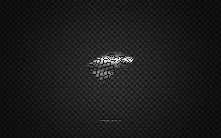 House Stark, Juego de Tronos, fondo de carbono gris, logotipo de House Stark, textura de fibra de carbono, emblema de House Stark, cartel de metal de House Stark