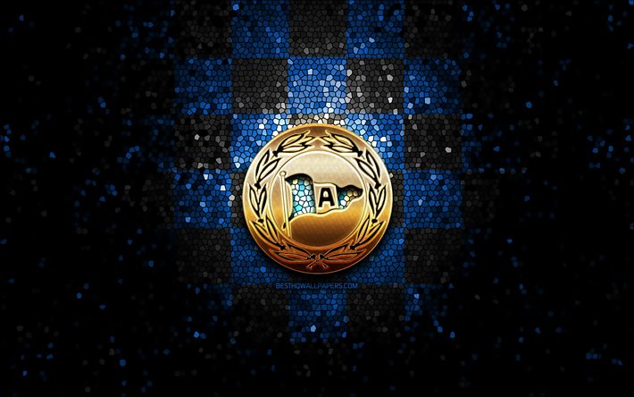 arminia bielefeld fc, glitzer-logo, bundesliga, blau schwarz kariert hintergrund, fu&#223;ball, deutscher fu&#223;ballverein, arminia bielefeld logo, mosaikkunst, dsc arminia bielefeld