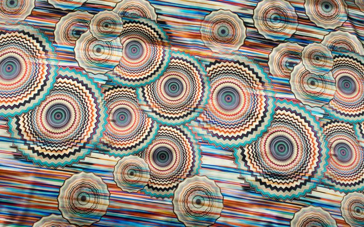 motifs abstraits de cercles, 4k, fond color&#233; de tissu, textures de soie, mod&#232;les de cercles, fond avec des cercles