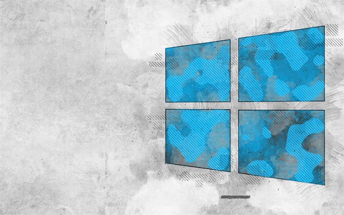 Windows 10 blue logo, grunge art, Windows grunge logo, Windows blue emblem, grunge background, Windows