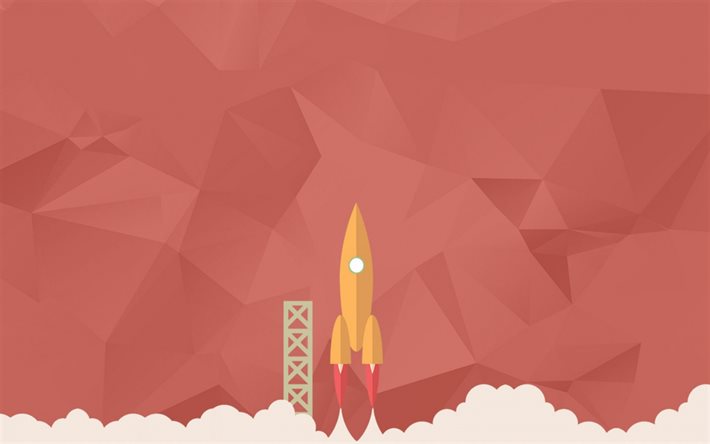 conceito de startup, foguete vetorial, fundo vermelho pol&#237;gono, decolagem de foguetes, conceitos de neg&#243;cios, startup