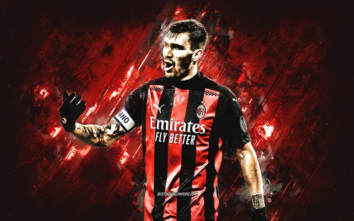 Alessio Romagnoli, AC Milan, Italian football player, portrait, red stone background, football, Serie A, Italy