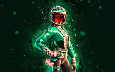 Jade Racer, 4k, green neon lights, Fortnite Battle Royale, Fortnite characters, Jade Racer Skin, Fortnite, Jade Racer Fortnite