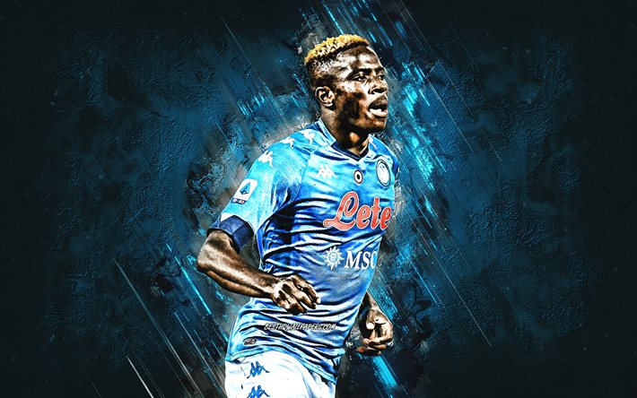 Victor Osimhen, Napoli, Nigerian footballer, portrait, blue stone background, football, Italy