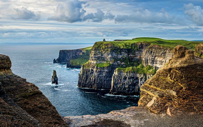 Cliffs of Moher, 4k, ocean, coast, cliffs, Ireland, beautiful nature, summer, United Kingdom, Europe