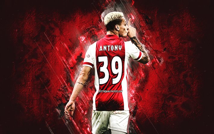 Antony, Ajax, jogador de futebol brasileiro, retrato, fundo de pedra vermelha, futebol, Antony Matheus dos Santos, AFC Ajax