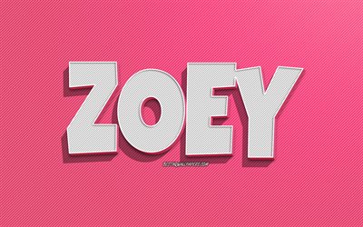 Zoey, fond de lignes roses, fonds d&#39;&#233;cran avec des noms, nom Zoey, noms f&#233;minins, carte de voeux Zoey, dessin au trait, photo avec nom Zoey