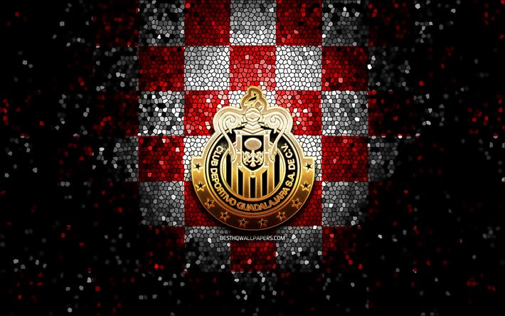 Guadalajara FC, logo glitter, Liga MX, sfondo a scacchi bianco rosso, calcio, squadra di calcio messicana, logo Guadalajara, arte del mosaico, Guadalajara Chivas, CD Guadalajara