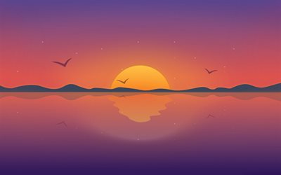 vector sunset, orange sun, sunset, painted sunset, vector landscape, seascape