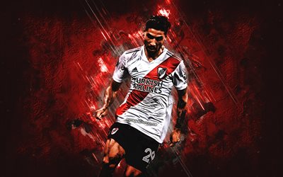 Gonzalo Montiel, River Plate, argentinsk fotbollsspelare, portr&#228;tt, Argentina, fotboll, r&#246;d stenbakgrund