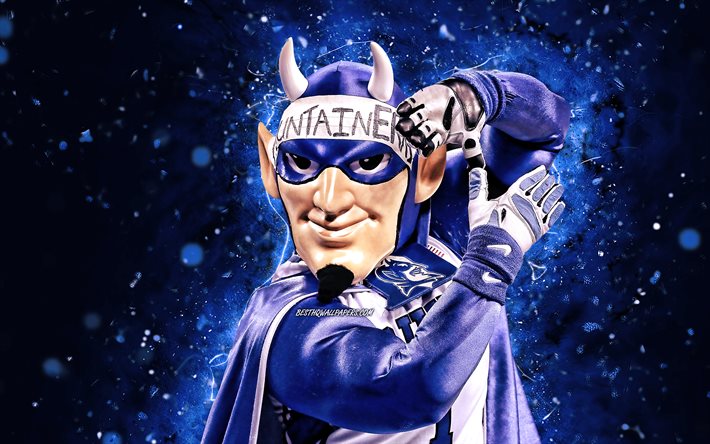 Blue Devil, 4k, mascotte, Duke Blue Devils, n&#233;ons bleus, NCAA, cr&#233;atif, USA, mascotte Duke Blue Devils, mascottes NCAA, mascotte officielle, mascotte Blue Devil