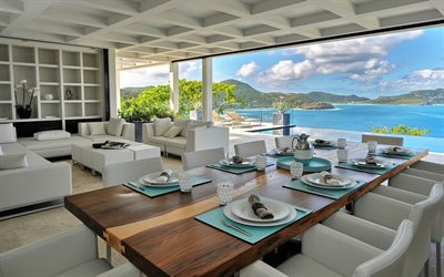 design interior moderno, villa luxuosa, ilhas tropicais, sala de jantar, grande mesa de jantar de madeira, sof&#225;s brancos