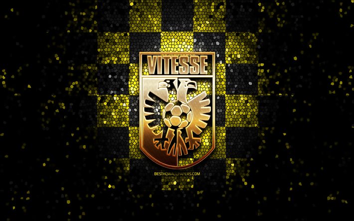 Vitesse FC, logotipo com glitter, Eredivisie, fundo xadrez preto e amarelo, futebol, clube de futebol holand&#234;s, logotipo do Vitesse, arte em mosaico, SBV Vitesse