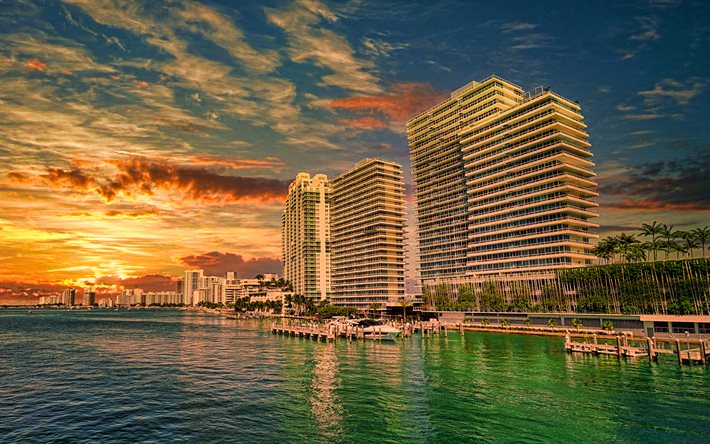 Miami, 4k, p&#244;r do sol, hot&#233;is, cais, cidades americanas, EUA, Am&#233;rica, Miami &#224; noite, paisagens urbanas