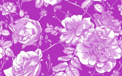 violetit ruusut retro tekstuuri, 4k, tausta ruusukoristeilla, violetit ruusut tausta, ruusujen rakenne, ruusut retro koristeet, violetti retro kukka tausta