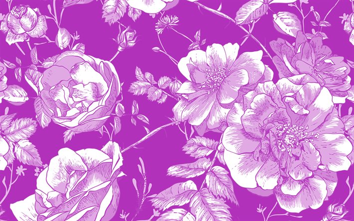 lila rosor retro konsistens, 4k, bakgrund med ros ornament, lila rosor bakgrund, rosor konsistens, rosor retro ornament, lila retro blommig bakgrund