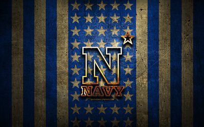 Bandeira dos aspirantes da Marinha, NCAA, fundo de metal marrom azul, time de futebol americano, logotipo dos aspirantes da marinha, EUA, futebol americano, logotipo dourado, aspirantes da marinha